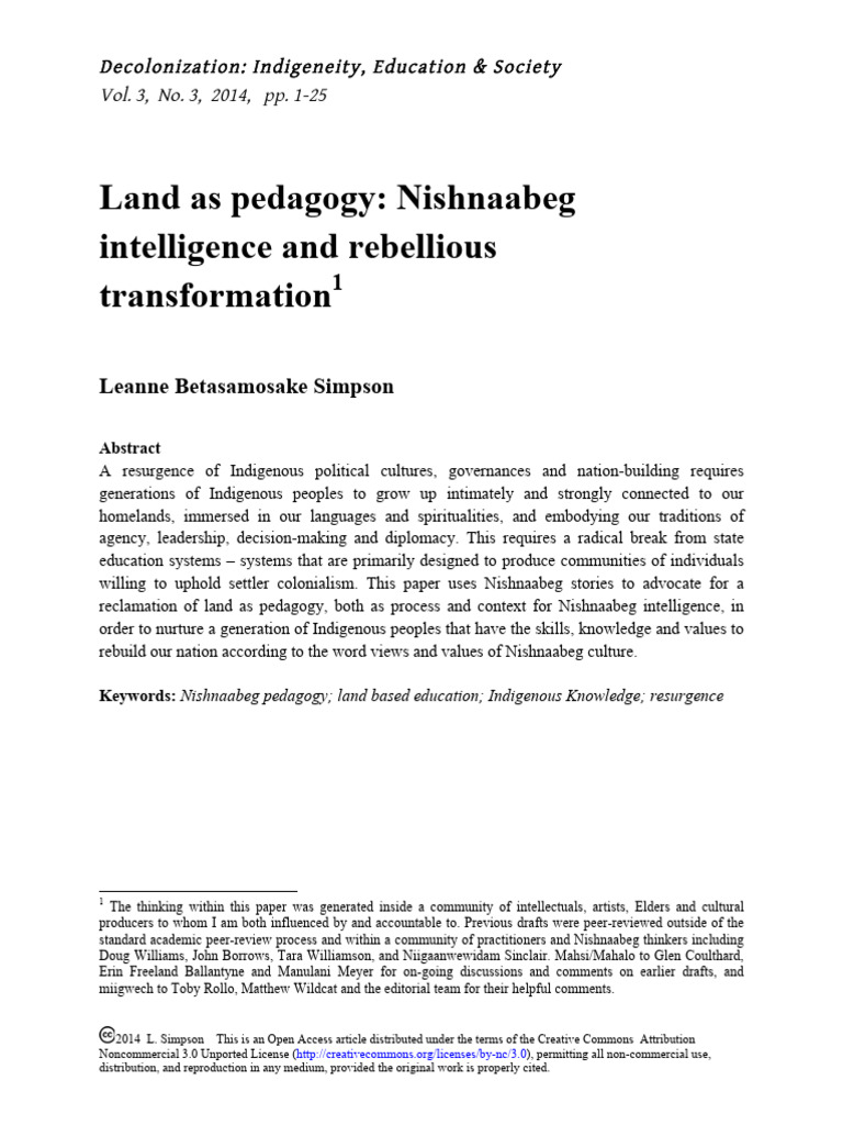 Land as Pedagogy in Nishnaabeg Culture | PDF