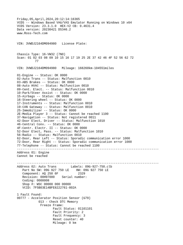 Volkswagen Diagnostic Fault Codes | PDF | Vehicles | Motor Vehicle