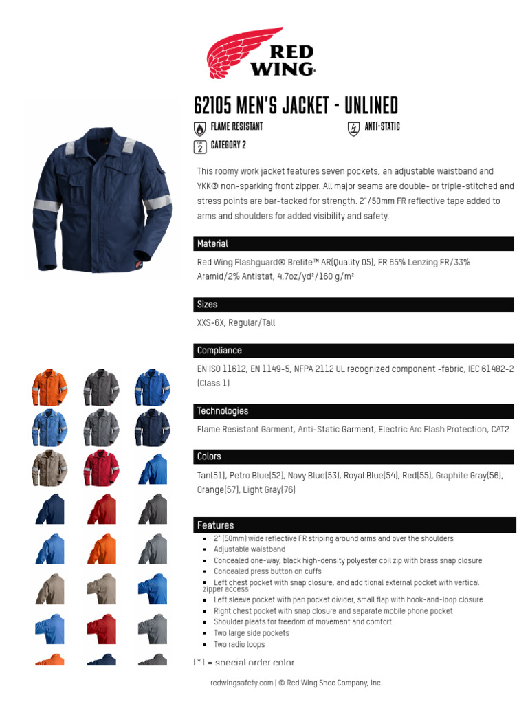 Red Wing Safety Boots - Men's Men's Jacket - Unlined 62105 | PDF