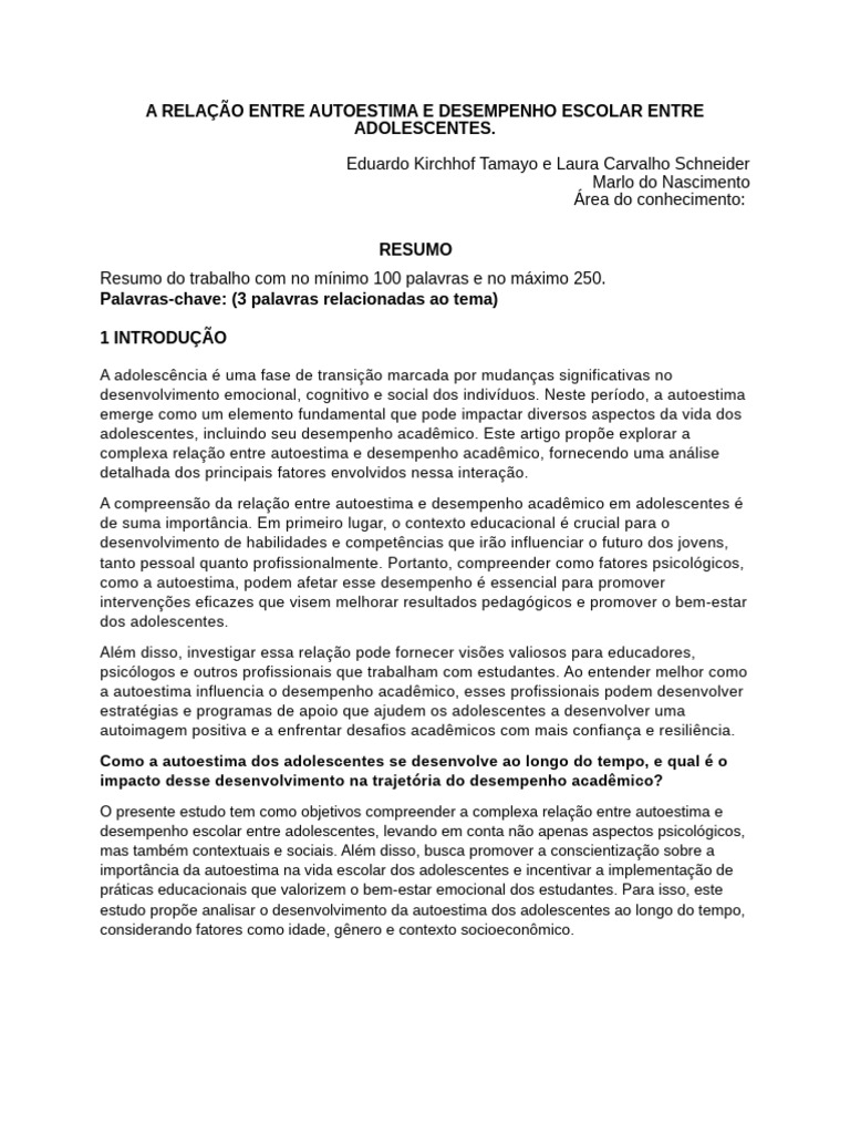 Autoestima e Desempenho Escolar em Adolescentes | PDF | Autoestima ...