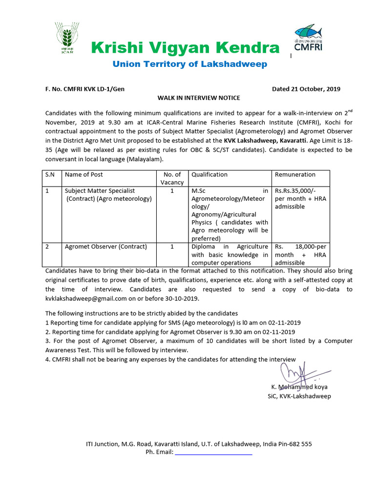 Walk in Interview Notifiction by KVK Lakshadweep For DAMU - Compressed ...