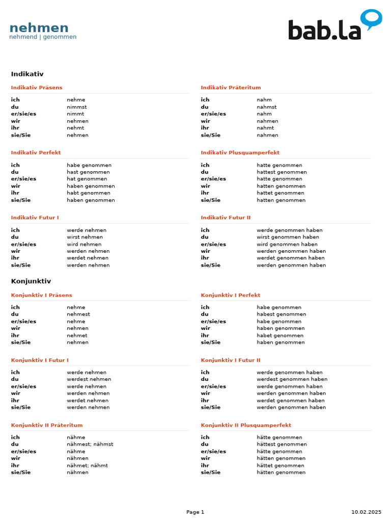 Bab - La Conjugation German Nehmen | PDF
