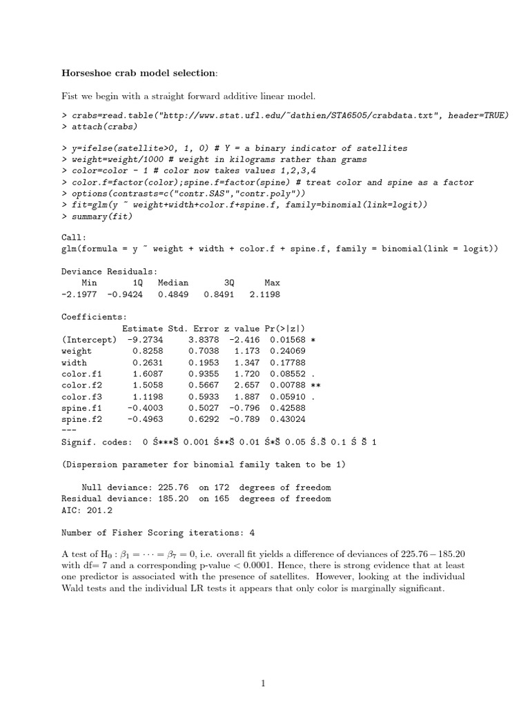 Horseshoe Crab Model Selection Analysis | PDF | Errors And Residuals ...