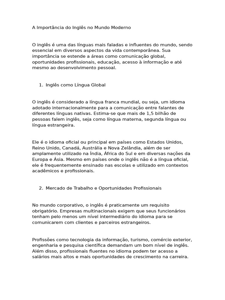Importância do Inglês no Mundo Atual | PDF | Língua inglesa | Linguagem ...
