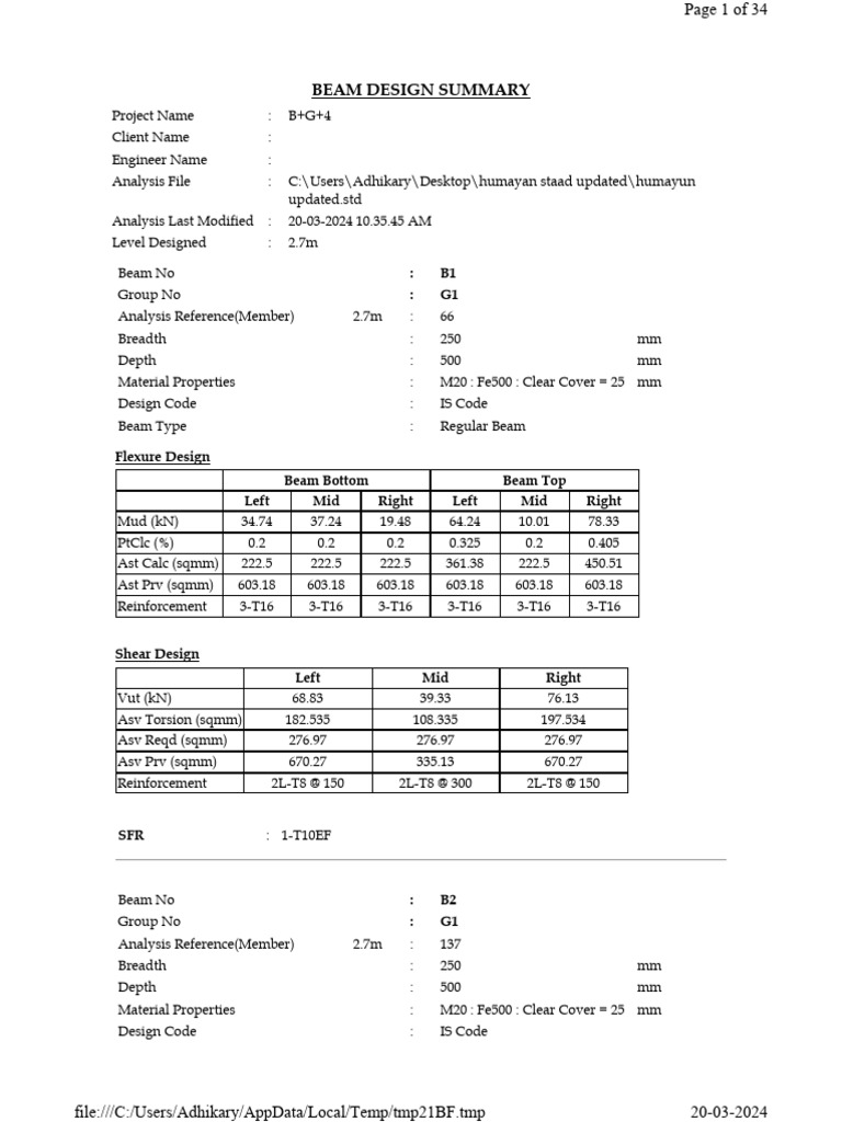 Beam Design Summary For B G 4 Project Pdf Beam Structure Bending