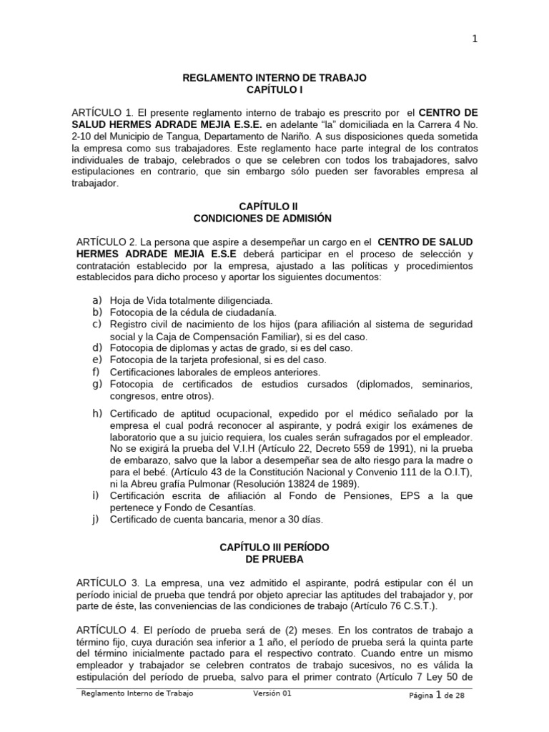 Reglamento Interno de Trabajo E.S.E. | PDF | Derecho laboral | Salario