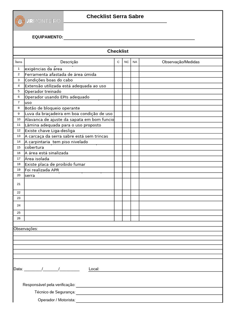 Checklist de Segurança Serra Sabre | PDF