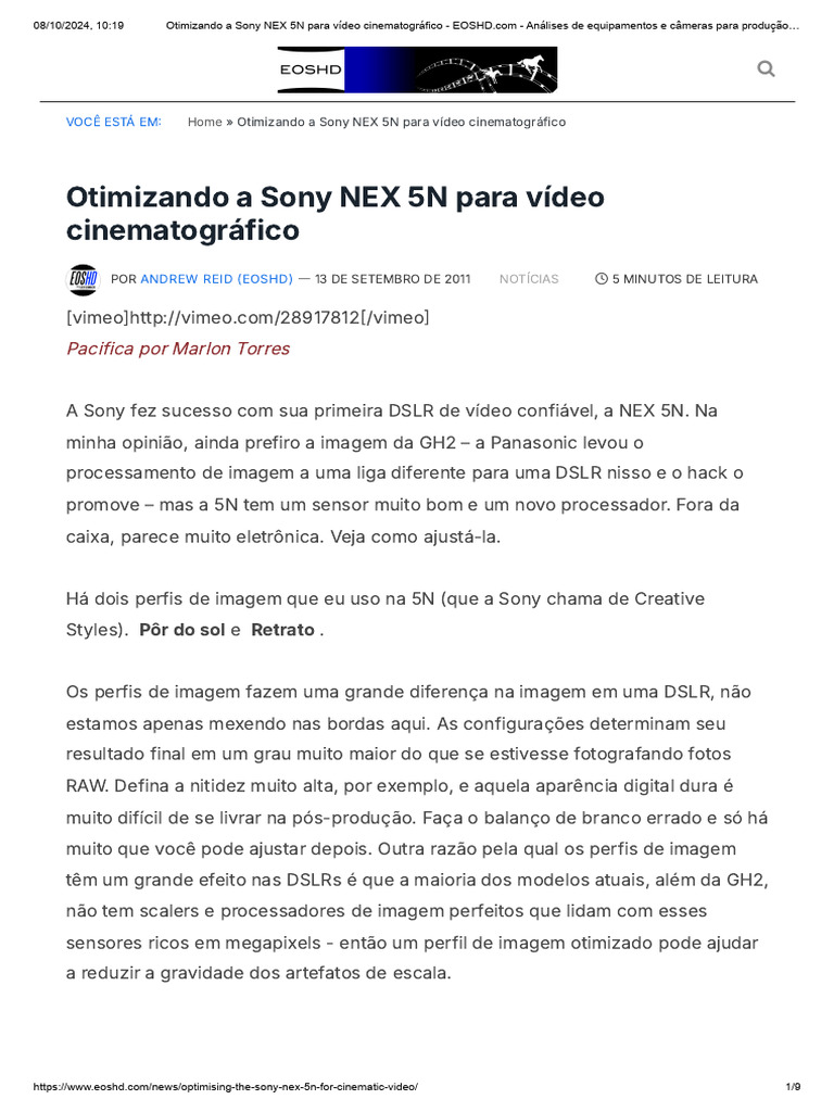 Otimização da Sony NEX 5N para Vídeo | PDF | Vídeo | Balanço de cores