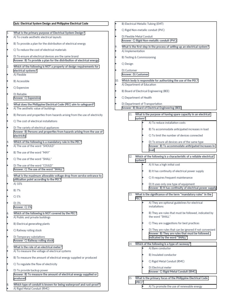 Quiz on Electrical Design & Philippine Code | PDF | Lighting ...