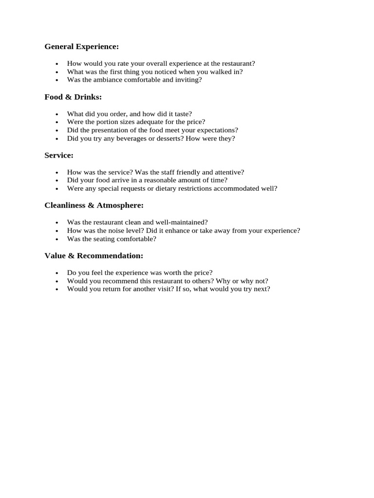 Restaurant Experience Review Guide PDF Restaurants Food And Drink