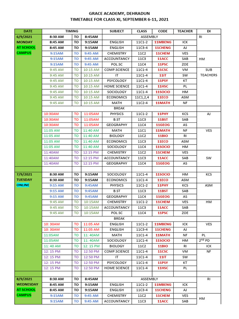 Grace Academy Class XI Timetable 2021 | PDF | Science