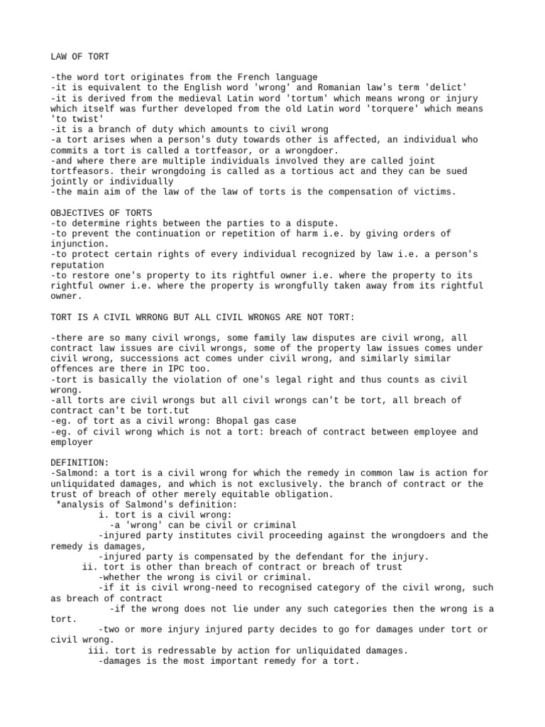 Law of Tort | PDF | Tort | Damages