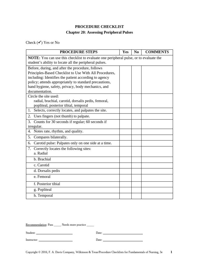Assessing Peripheral Pulses Checklist | PDF