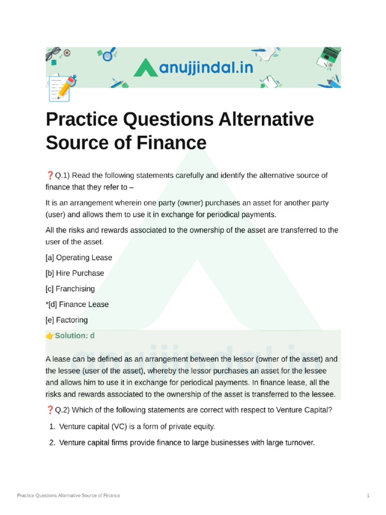 Practice Questions Alternative Source of Finance Lyst5504 | PDF