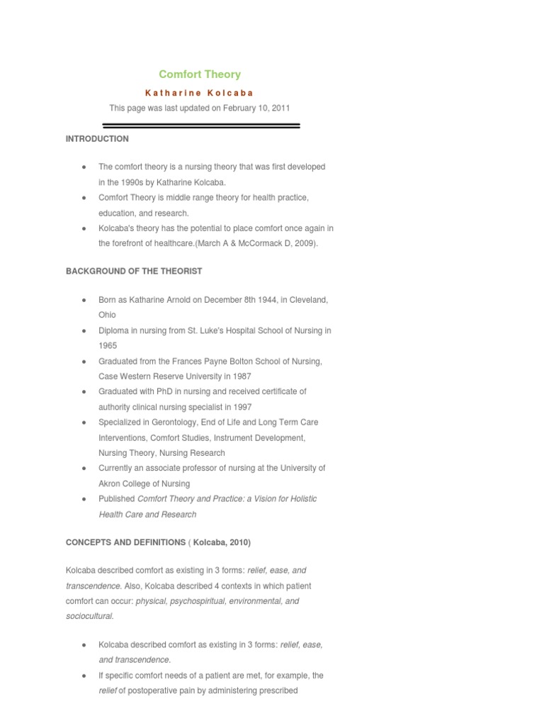 Comfort Theory Kolcaba English Nursing Evaluation
