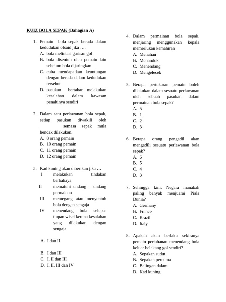 Kuiz Pengetahuan Bola Sepak | PDF