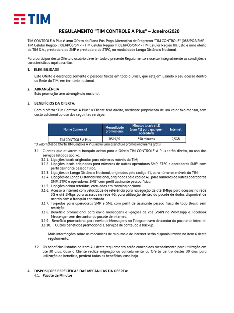 Regulamento TIM Controle A Plus 31.01.20 | PDF | Internet | 4G