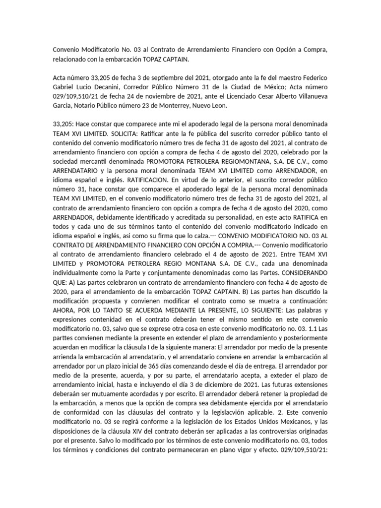 Modificación Arrendamiento Topaz Captain | PDF