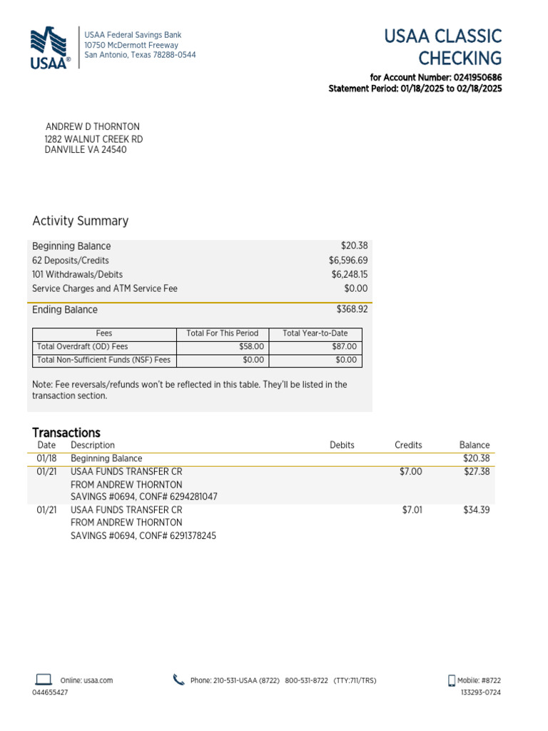 USAA Classic Checking Statement Summary | PDF | Transaction Account ...