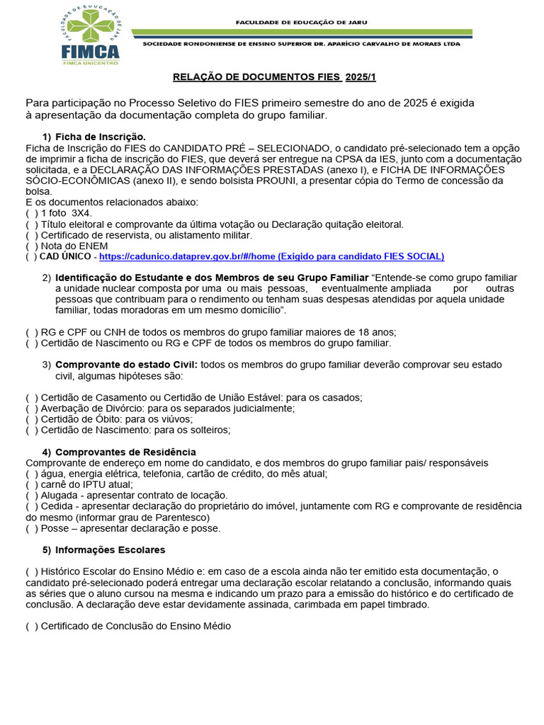 Ficha de Inscrição FIES 2025/1 | PDF | Imposto de Renda