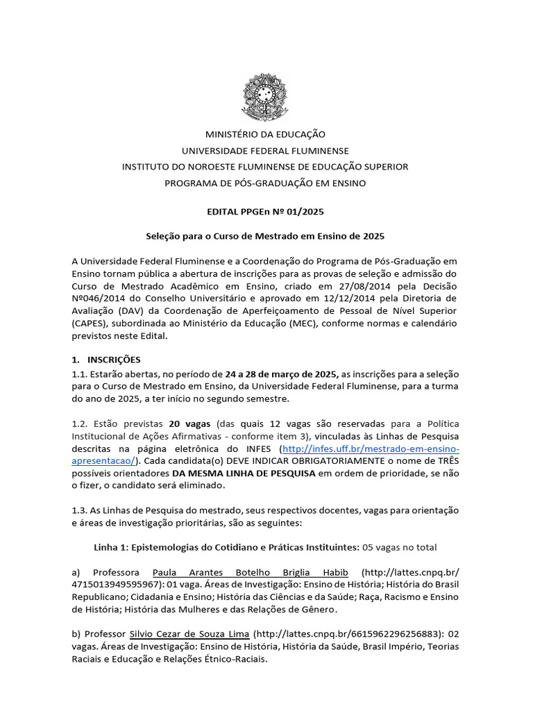 Seleção Mestrado em Ensino 2025 UFF | PDF | Pós-graduação | Mestrado
