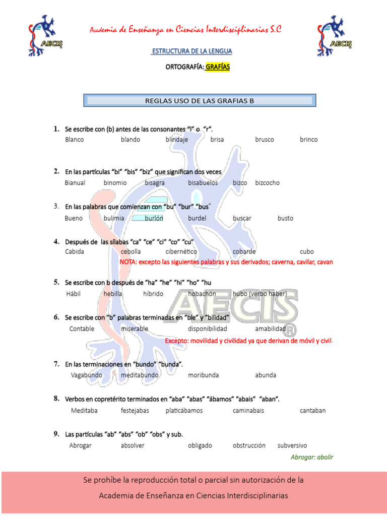 Reglas de Ortografía: Uso de B y V | PDF | Mecánica del lenguaje ...