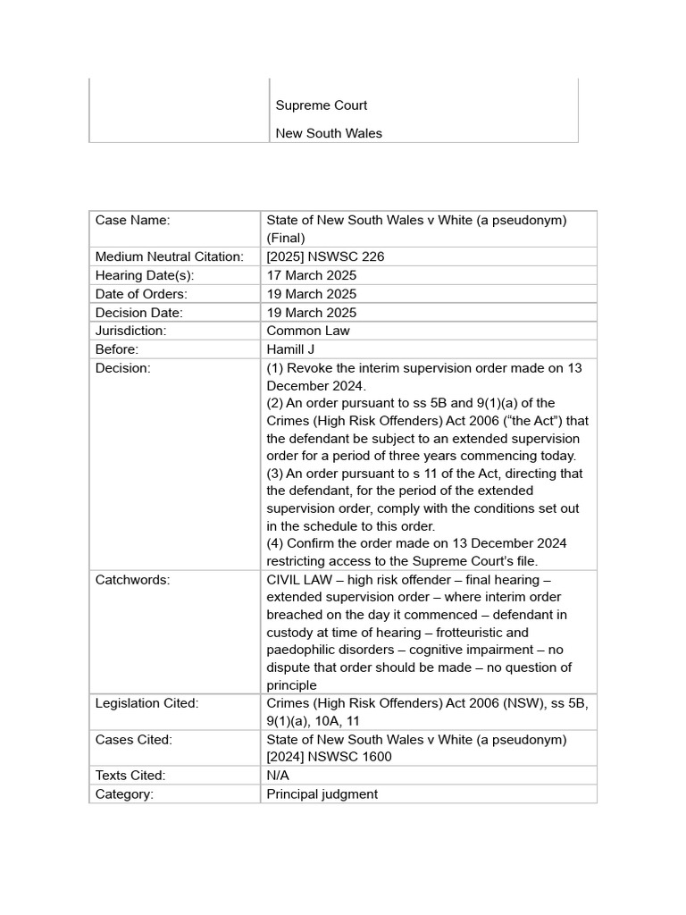 NSW High Risk Offender Supervision Order | PDF | Health Care | Justice