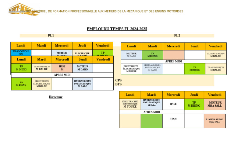 Emploi du temps 2024-2025 Métiers Mécanique | PDF