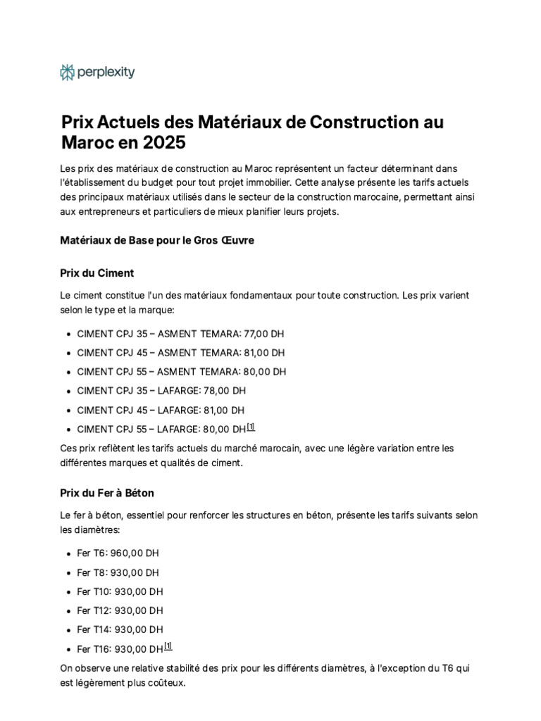 Prix des Matériaux de Construction 2025 | PDF | Ciment | Ingénierie civile