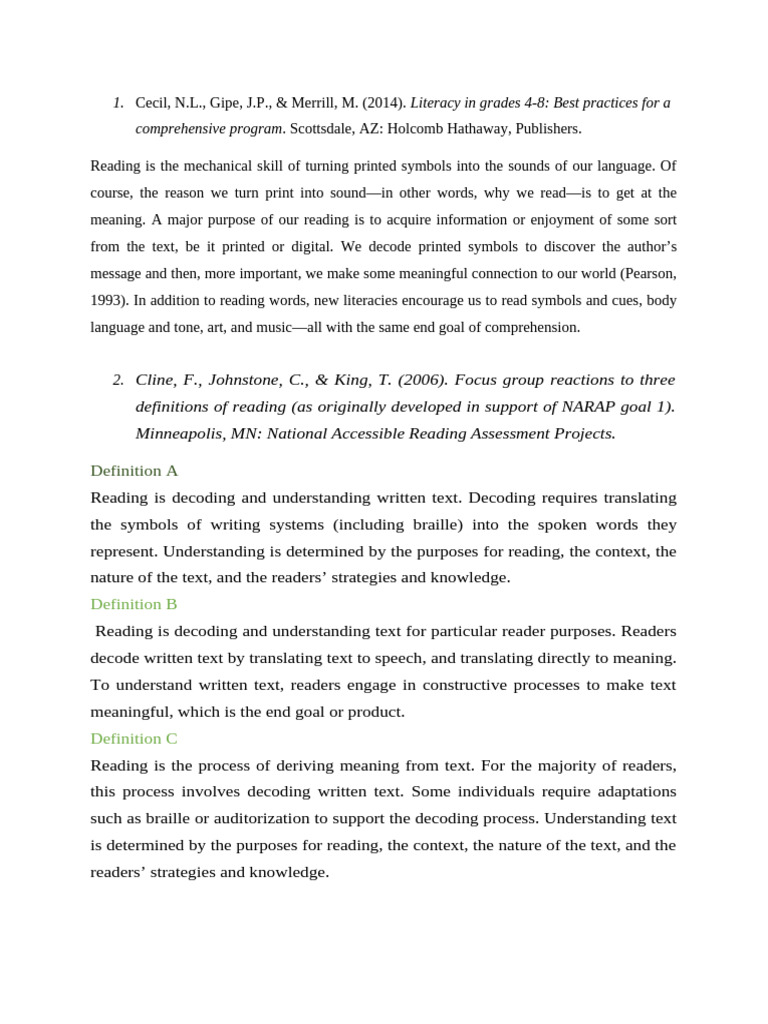 Definitions of Reading Explained | PDF | Reading Comprehension ...