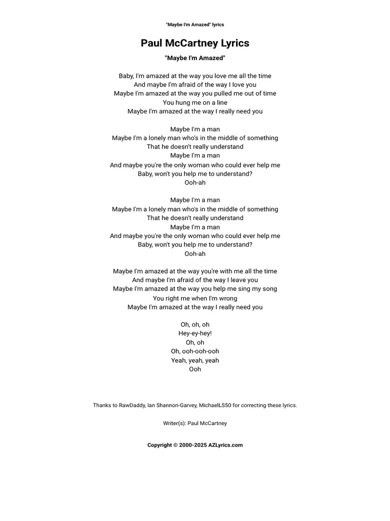 Paul McCartney - Maybe I'm Amazed Lyrics _ AZLyrics.com | PDF
