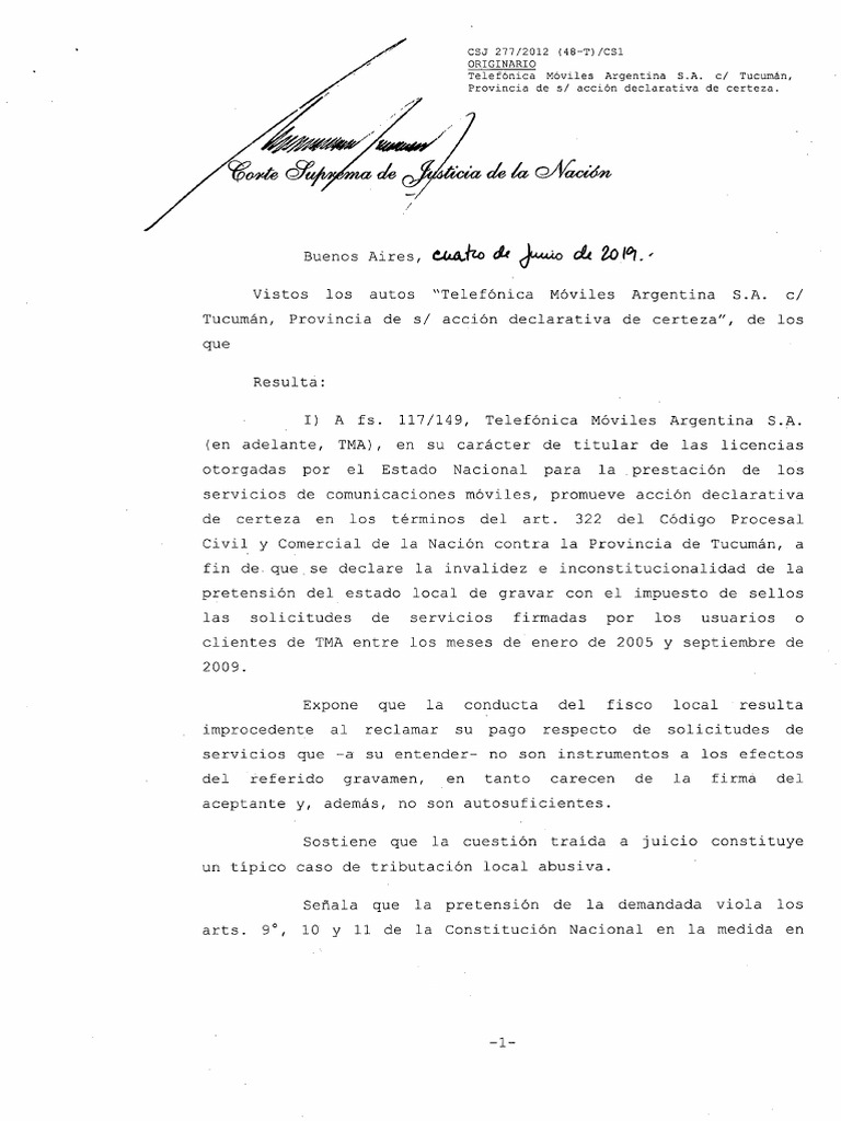 Telefonica Móviles Argentina SA C Tucumán SELLOS CSJN 04062019 PDF