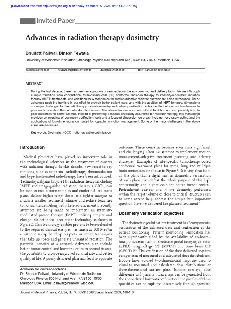 Advances in Radiation Therapy Dosimetry | PDF | Radiation Therapy ...