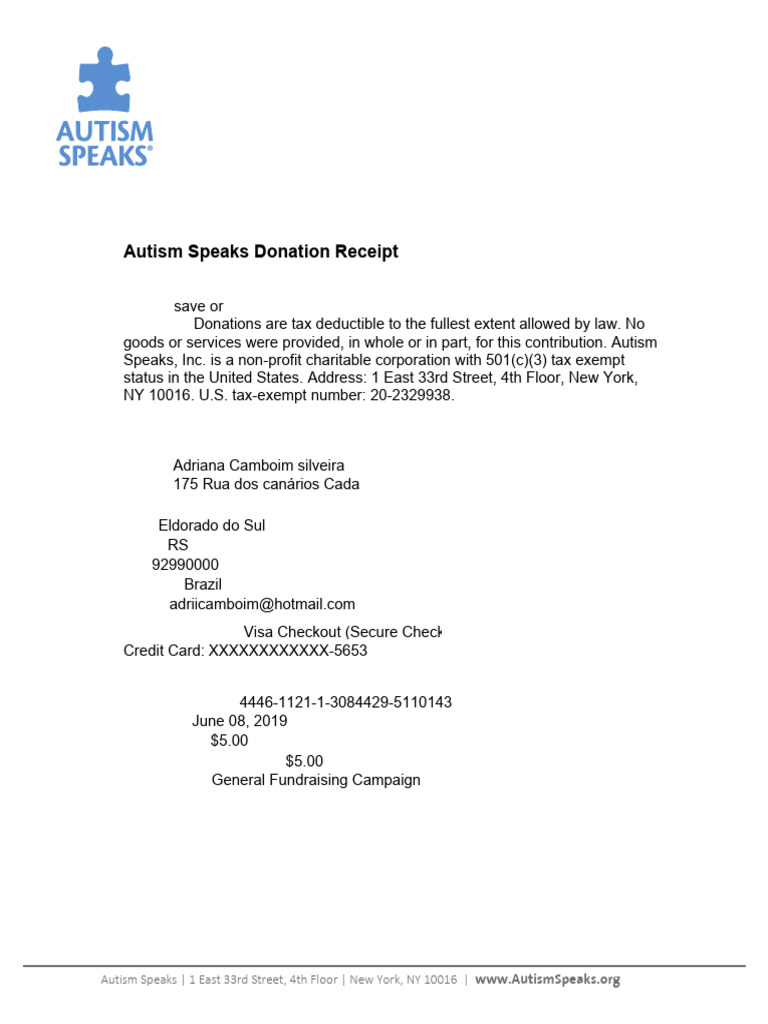 Autism Speaks Donation Receipt | PDF