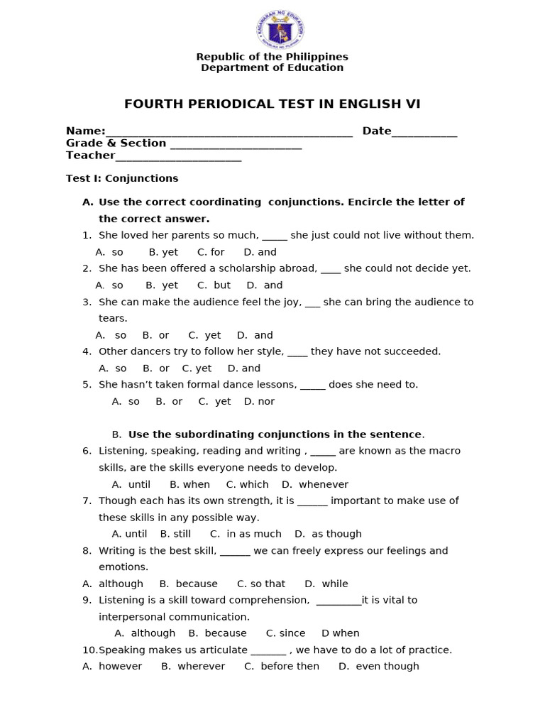Fourth Periodical Test in English VI | PDF | Linguistics | Grammar