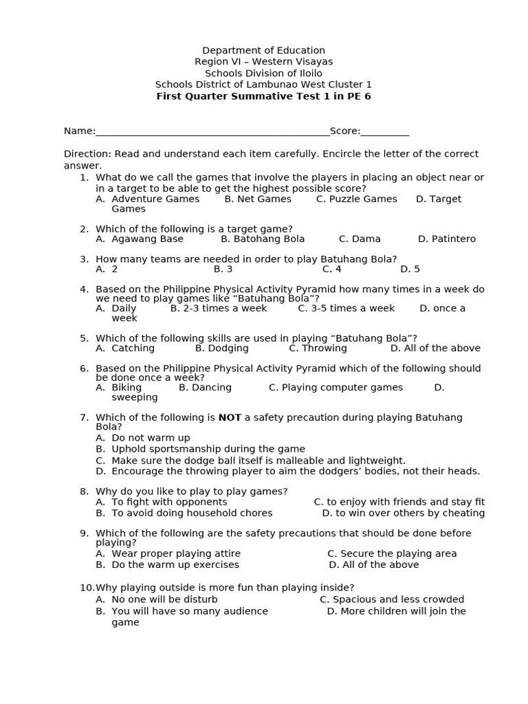 Summative 1 in PE First Quarter 1 | PDF