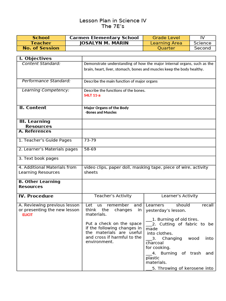 Science IV Lesson Plan: Major Organs | PDF | Vertebral Column | Learning