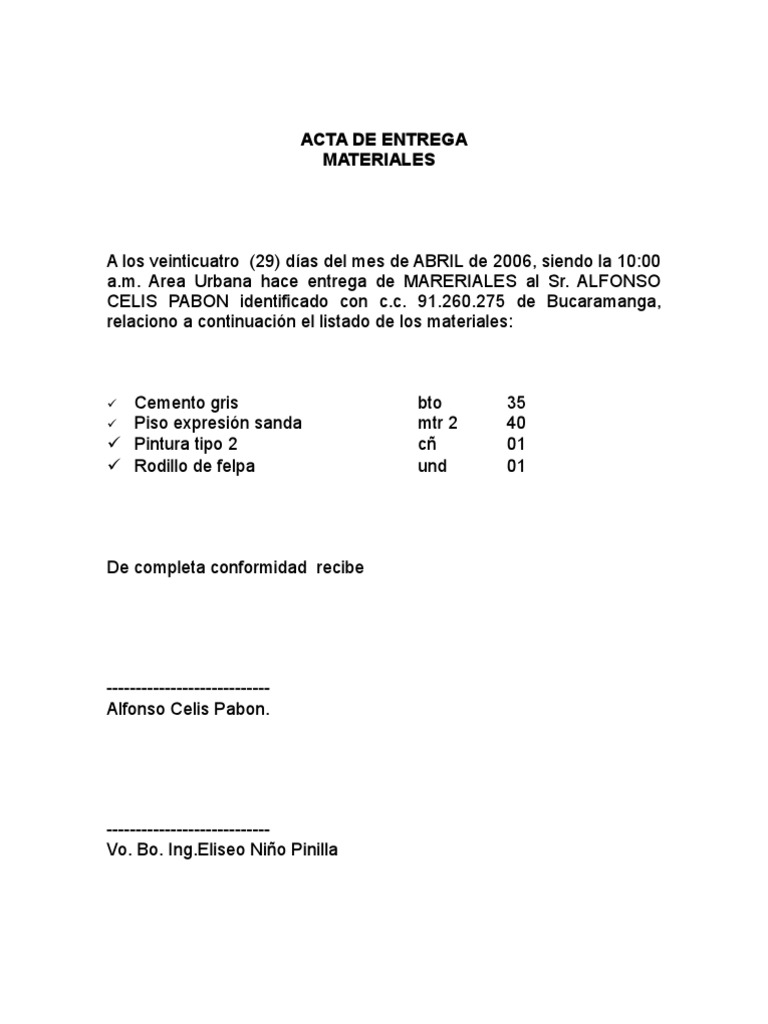 Contrato De Asociación En Participación Modelo De Acta De Entrega Word