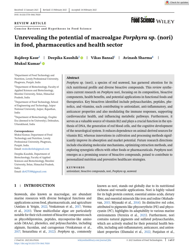 Potential of Porphyra sp. in Health and Food | PDF | Seaweed | Antioxidant