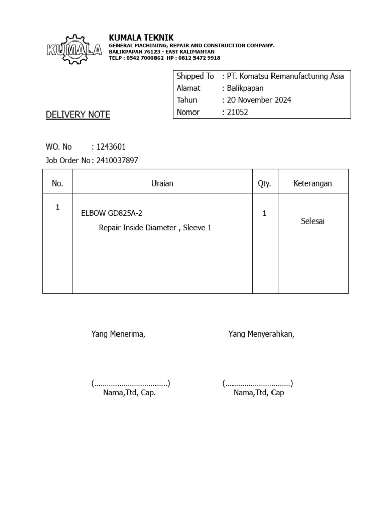 Delivery Note for Repair Services | PDF