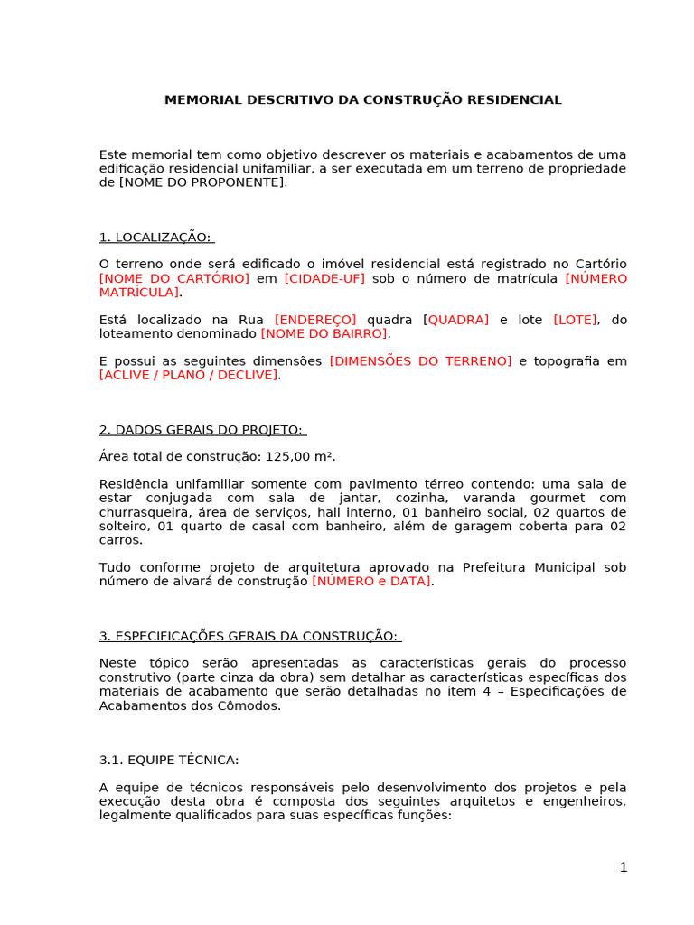 Memorial Descritivo de Construção Residencial | PDF | Chuveiro | Fiação ...