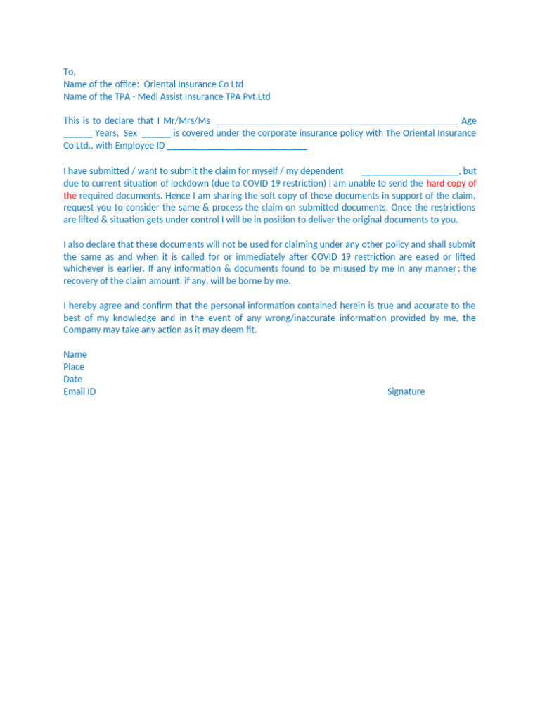 Oriental Insurance Self Declaration Form | PDF