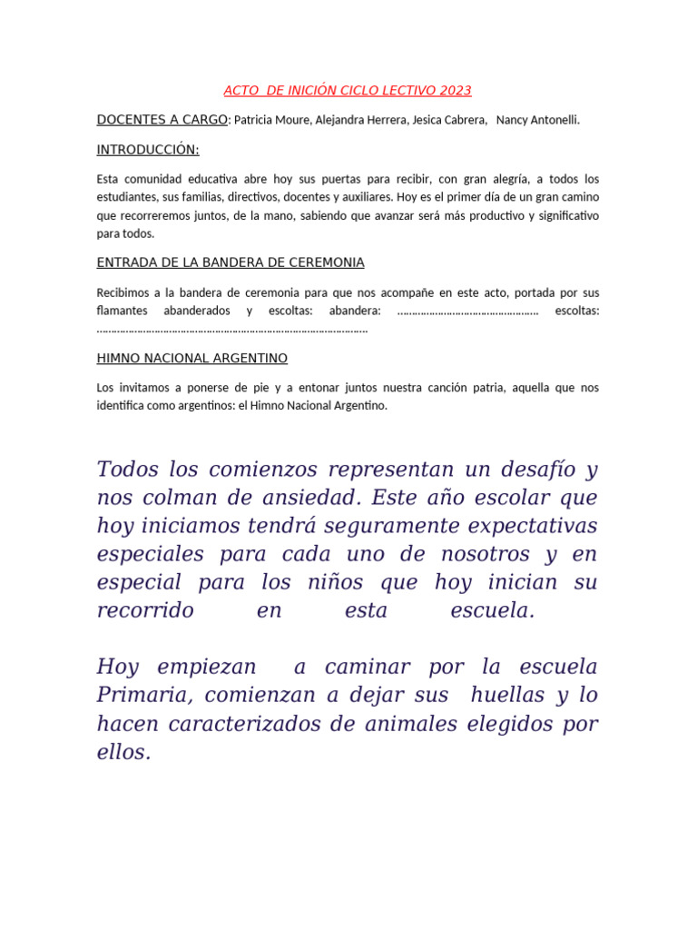 Acto de Inicio Ciclo Lectivo 2023 | PDF