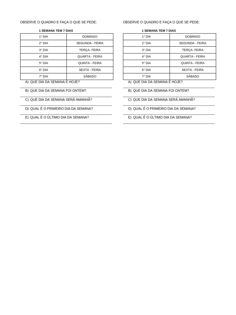 Calendário - Dias Da Semana | PDF