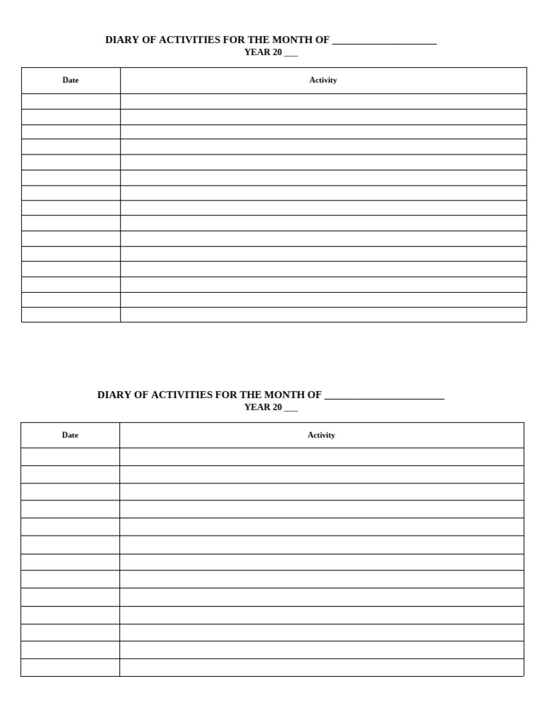 Monthly Activity Diary Template | PDF