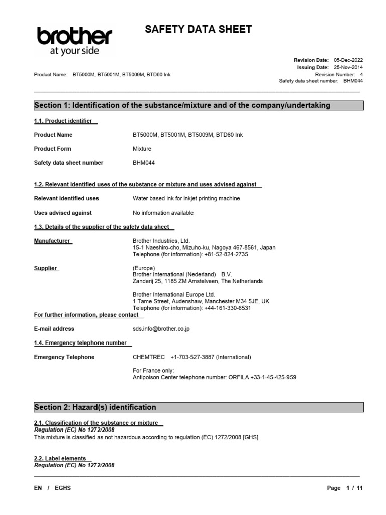 Brother BT5001M Ink Safety Data Sheet | PDF | Toxicity | Dangerous Goods