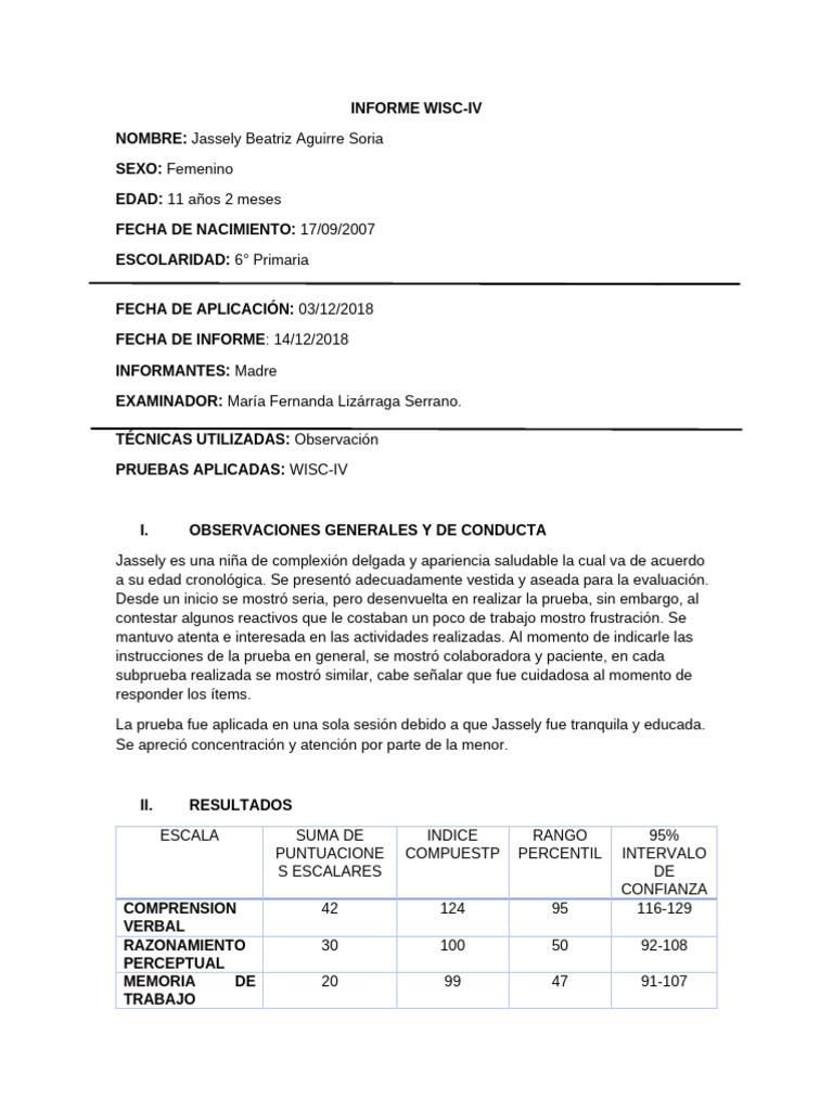 Informe WISC-IV: Evaluación de Jassely | PDF | Inteligencia | Cociente ...