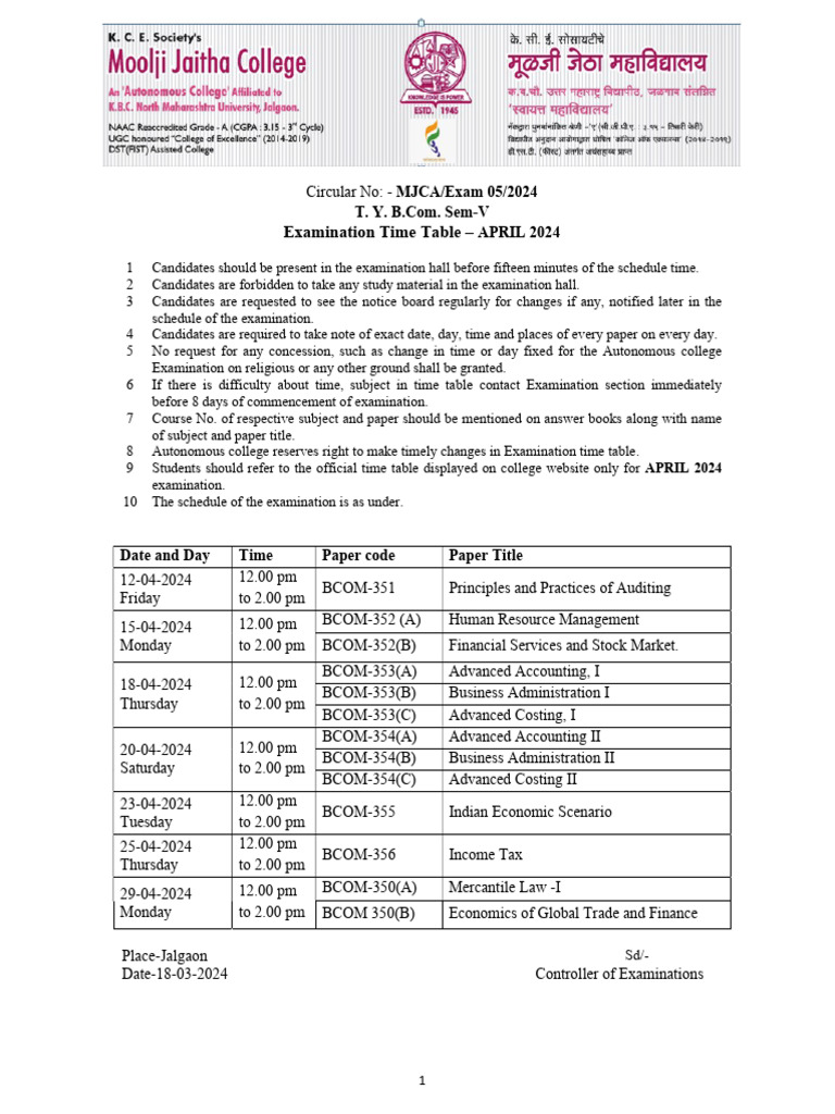 BCOM Sem V April 2024 Time Table | PDF | Economies