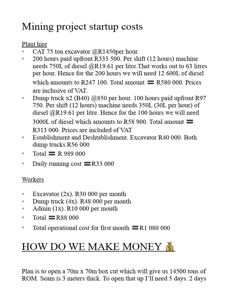Mining Project Startup Cost Breakdown | PDF
