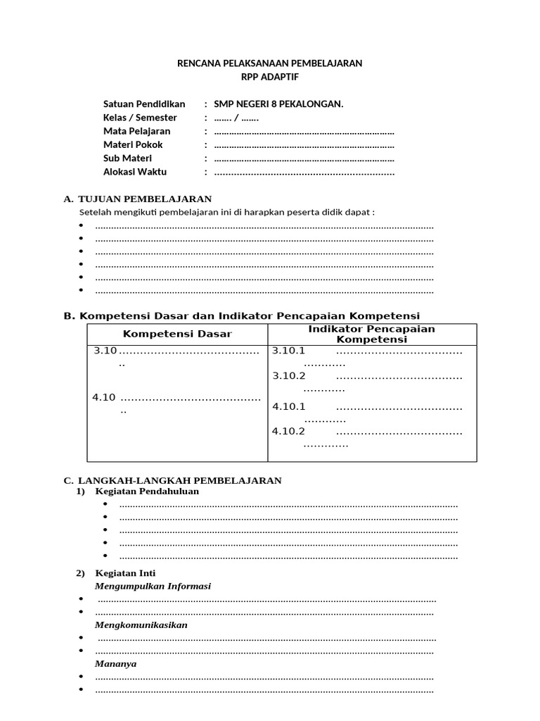 Rencana Pelaksanaan Pembelajaran - Format Adaptif Inklusi | PDF